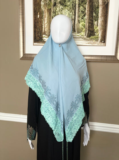 Mariam Square Hijab in Light blue and green rhinestones