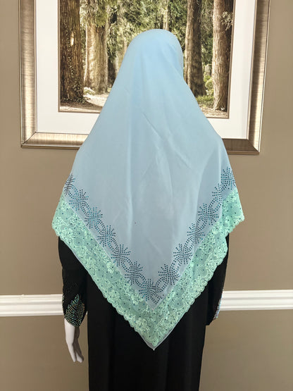 Mariam Square Hijab in Light blue and green rhinestones